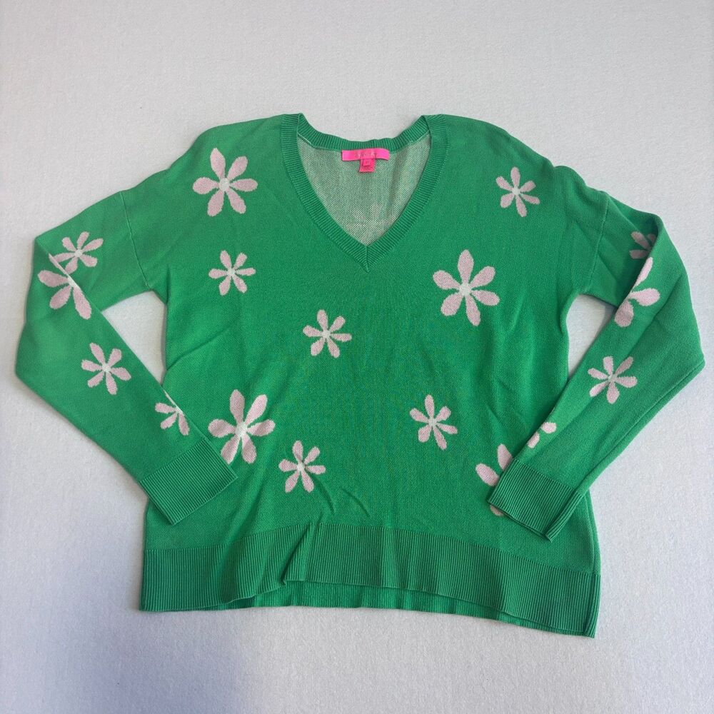 Lilly Pulitzer Tensley Floral Sweater Women's M Green Blossom V Neck Daisy Cute